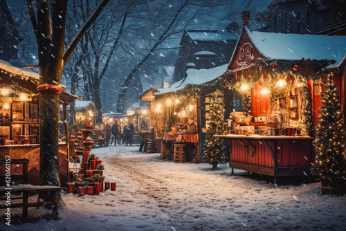 Stampa su tela People enjoying Christmas market with holiday spirits, snowy weather, winter wonderland