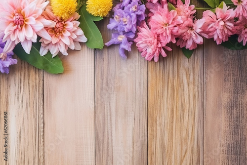 Light Color Wooden Background with Colorful Flowers and Leaves - View with Copy Space - Created with Generative AI Tools