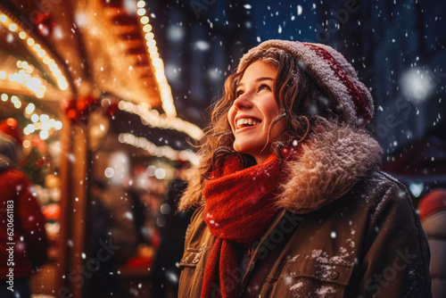 Young woman enjoying Christmas market with holiday spirit, snowy weather, winter wonderland. Generative AI