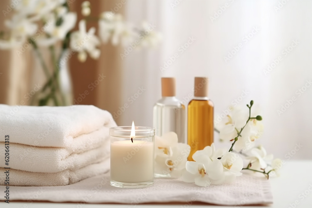 Spa Composition with Cream, Candles, and Flowers on White Table - Serene and Relaxing Ambience - Created with Generative AI Tools