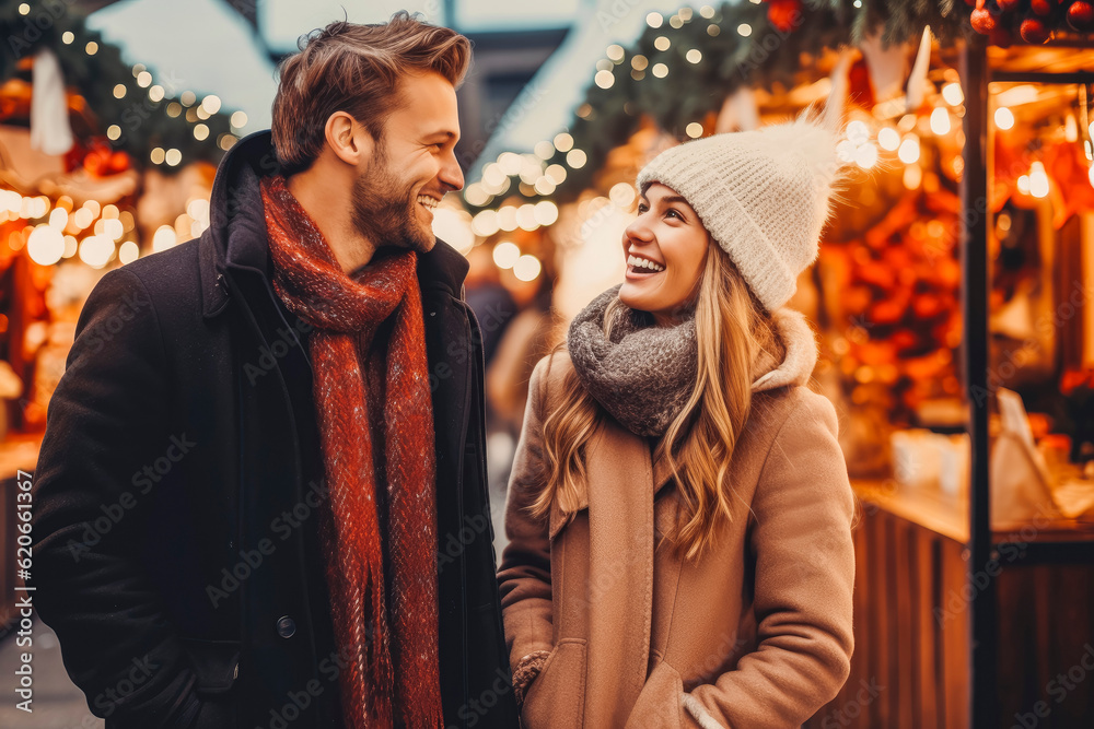 Attractive young couple having a cheerful time with hot chocolate, winter wonderland. Generative AI