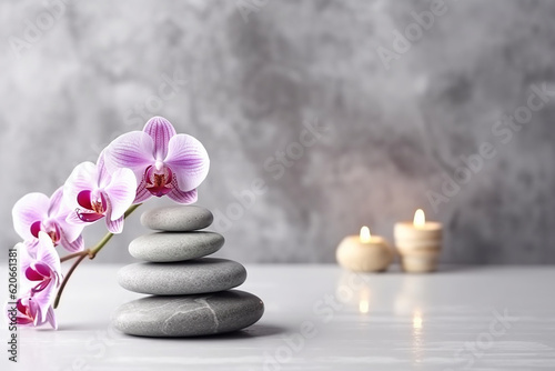 Spa Stones, Bamboo Sprout, Burning Candle, and Beautiful Orchid Flower on White Marble Table - Created with Generative AI Tools