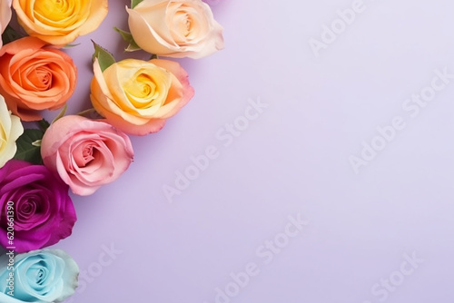 Top View of Rose Flower over Light Wooden Table - Copy Space - Created with Generative AI Tools