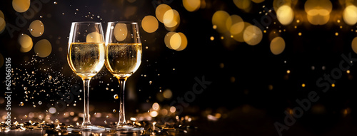 Fényképezés Champagne for festive cheers with gold sparkling bokeh background