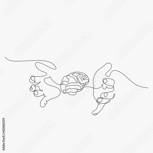 Continuous Line art Hands touching brain of AI, Symbolic, Machine learning, artificial intelligence of futuristic technology. 