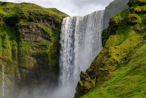 beautiful scenery of the majestic Skogafoss waterfall, located on the south coast of Iceland