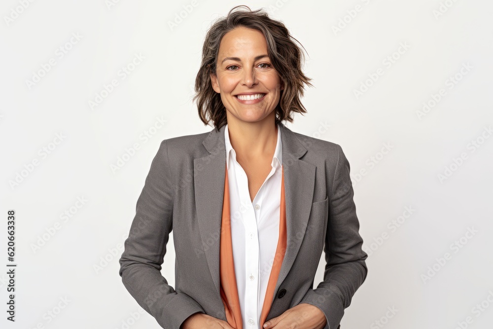 Portrait of a smiling business woman standing with hands in pockets ...