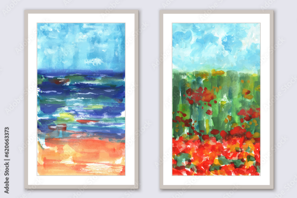 Set of two art paintings. Summer landscape, sea view, beach, field, flowers, blue sky. Summer warm day. Design for posters, cards, wall art prints, covwers.