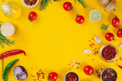 Fototapeta Naklejka Na Ścianę i Meble -  Cooking Concept with Spices and Vegetables on Yellow Background, Vegetarian Food, Background for Recipes, Top View