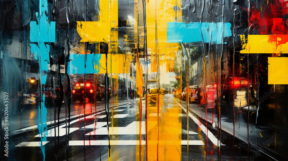 Abstract representation of universal traffic signs, appearing as if reflected in rain - splattered glass, with vibrant, contrasting colors