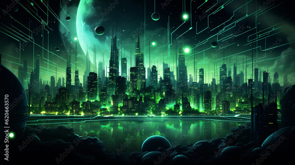 An abstract and atmospheric representation of a green energy - powered city at night, illuminated by soft neon, hints of futuristic art style