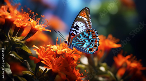 vibrant butterfly resting on a blooming flower, lush garden background