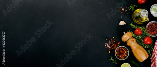 Cooking Concept with Spices and Vegetables on Dark Background, Vegetarian Food, Background for Recipes, Top View