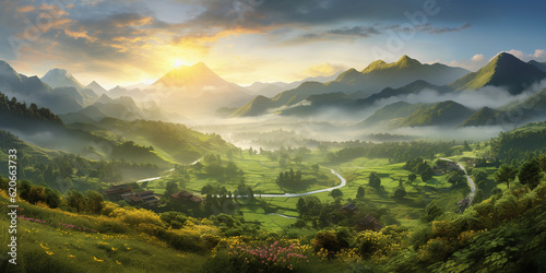 lush green valley during sunrise, golden light reflecting off dew drops, misty mountains in the backdrop