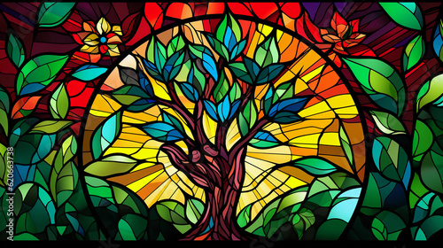 Stylized, abstract representation of hands planting a seedling, a symbol of hope and sustainable future, stained glass style, vivid colors