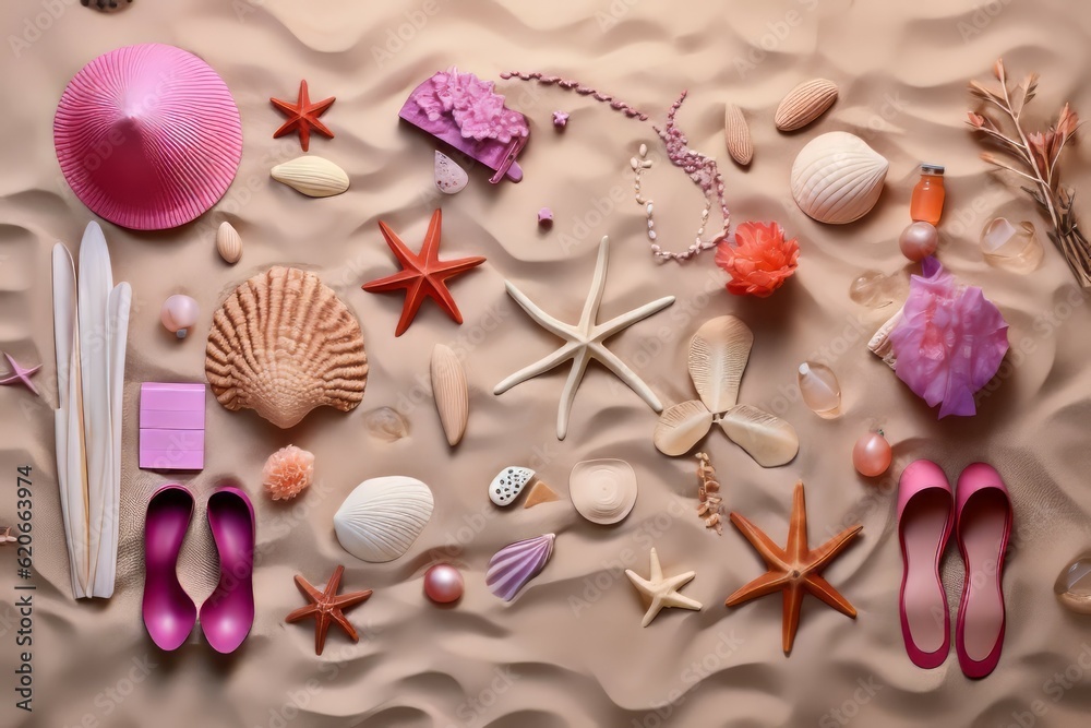 Beach themed frame with Holiday Vacation Elements with space for text - Generative AI Beach themed frame with Holiday Vacation Elements with space for text - Generative AI