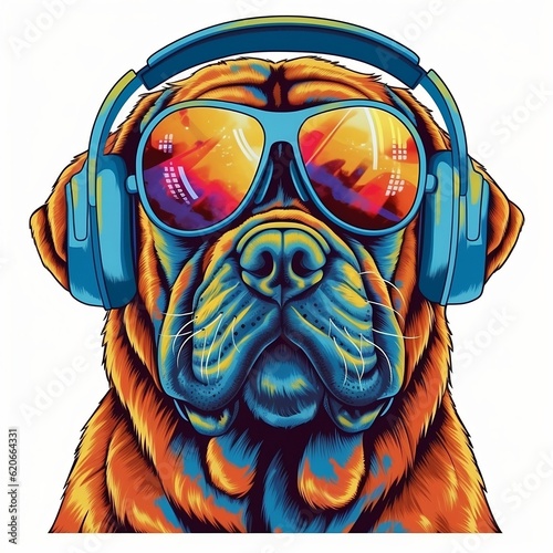Funky cartoon mastiff dog with headphones listening to music with sunglasses and vintage retro styling. Created using generative AI.