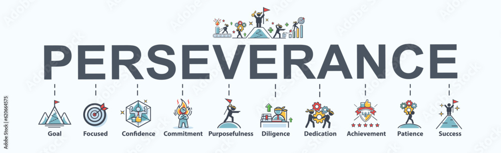 Perseverance banner web icon for goal, focused, confidence, commitment, purposefulness, diligence, dedication, achievement, patience and success. Minimal cartoon vector infographic. Perseverance banner web icon for goal, focused, confidence, commitment, purposefulness, diligence, dedication, achievement, patience and success. Minimal cartoon vector infographic.