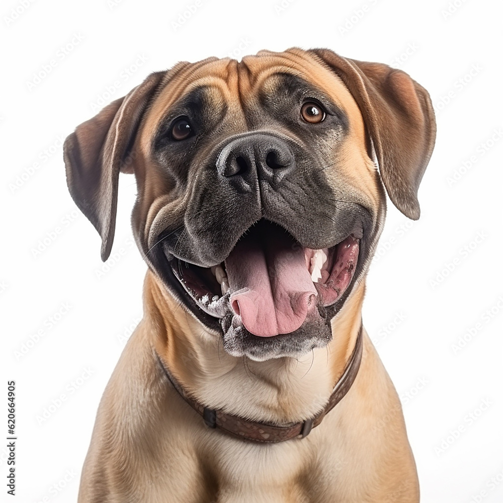Obraz premium Boerboel dog close up portrait isolated on white background. Brave pet, loyal friend, good companion, generative AI