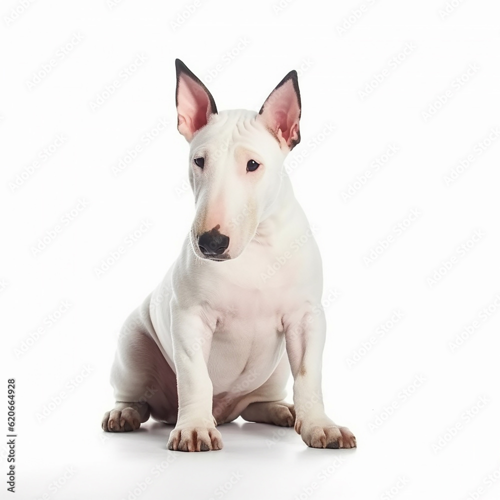 Bull Terrier close-up portrait isolated on white. Brave pet, loyal friend, good companion, generative ai