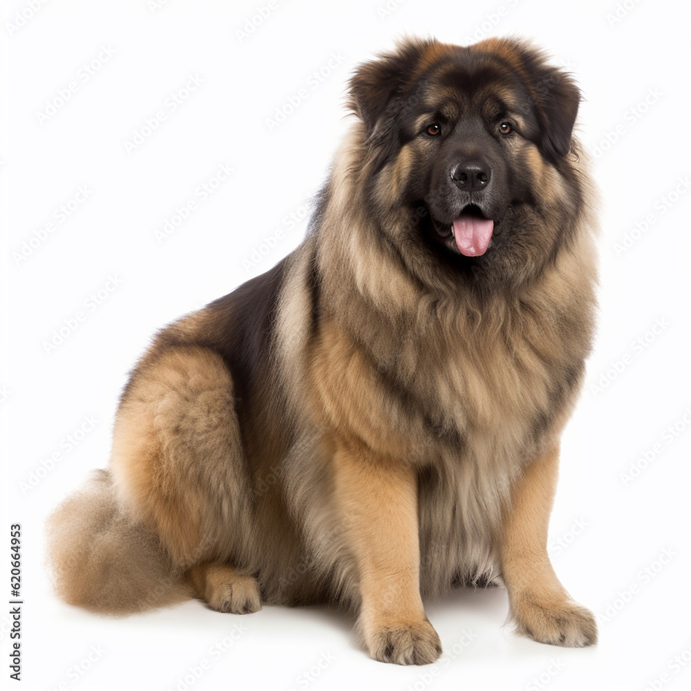 Caucasian Shepherd dog, fluffy dog close-up portrait on white background, loyal friend, cute pet, great companion, generative ai