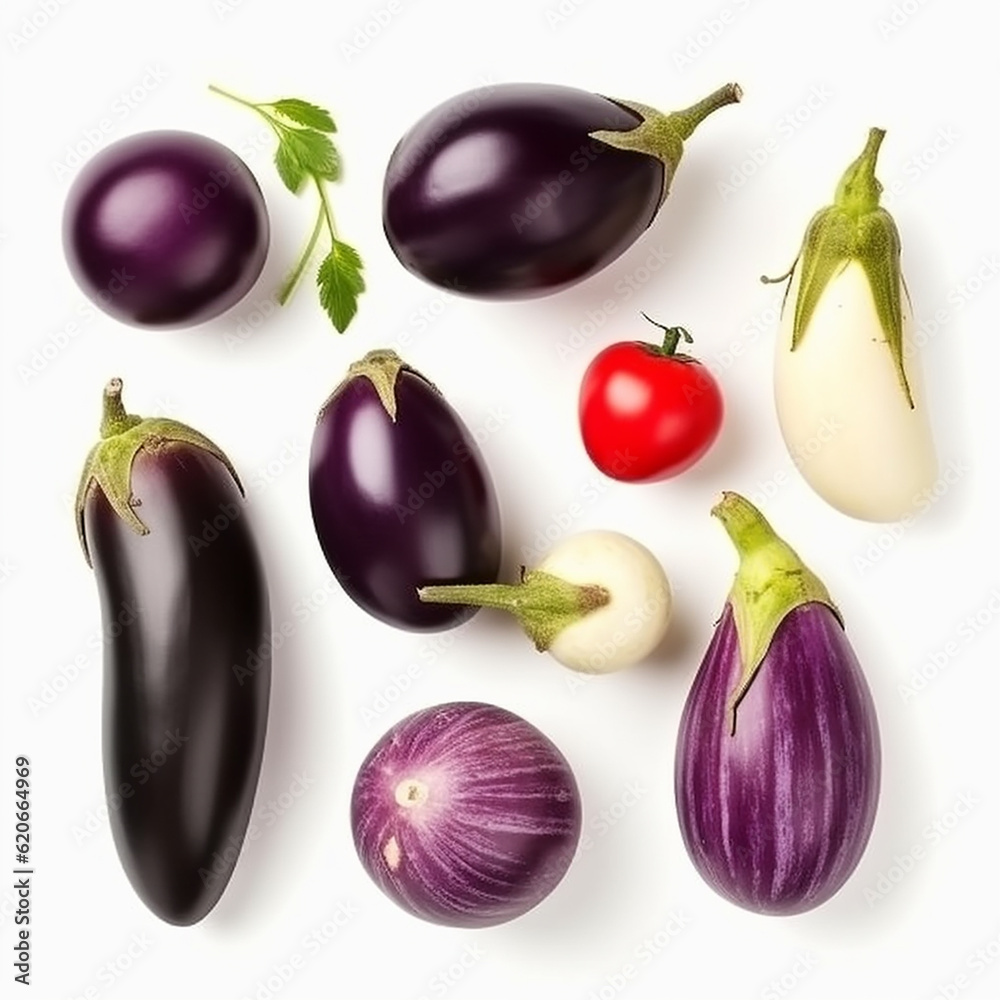 Eggplant, a lot of different fresh bright eggplant fruits on a white background, vegetable background for advertising and packaging design, generative ai Eggplant, a lot of different fresh bright eggplant fruits on a white background, vegetable background for advertising and packaging design, generative ai