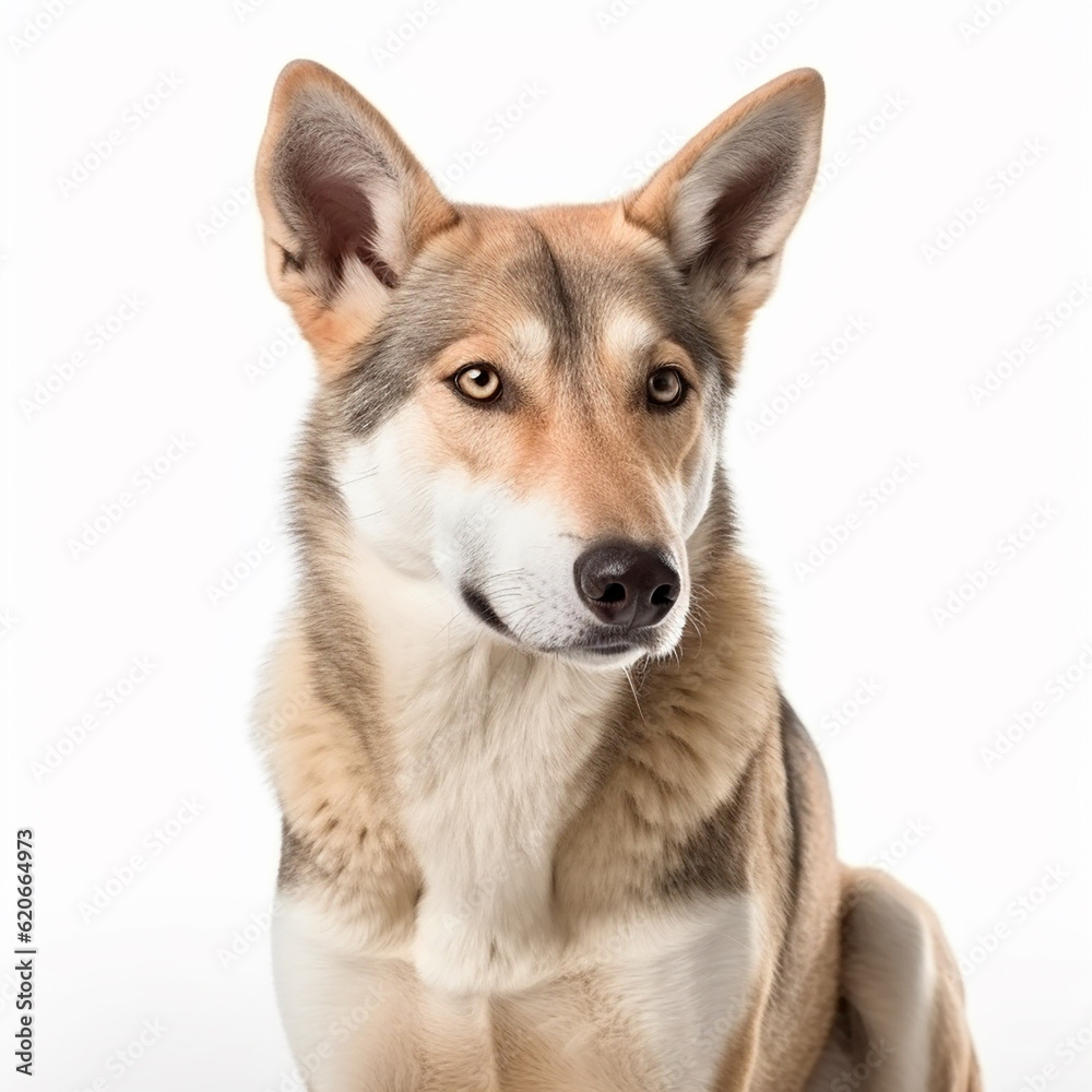 Czechoslovakian Wolfdog dog close-up portrait on a white background, loyal friend, cute pet, great companion, generative ai