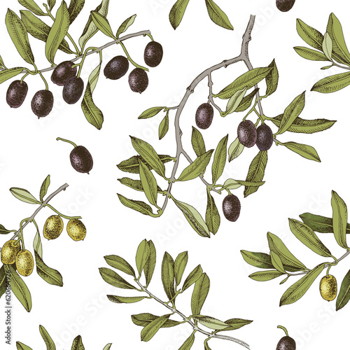 Seamless pattern of olive branches and leaves.