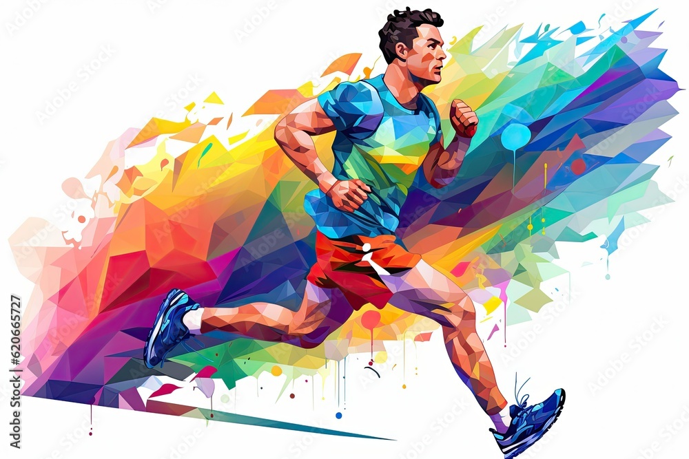 Bright multi-colored illustration of an athletic running man in shorts and a t-shirt on a white background.