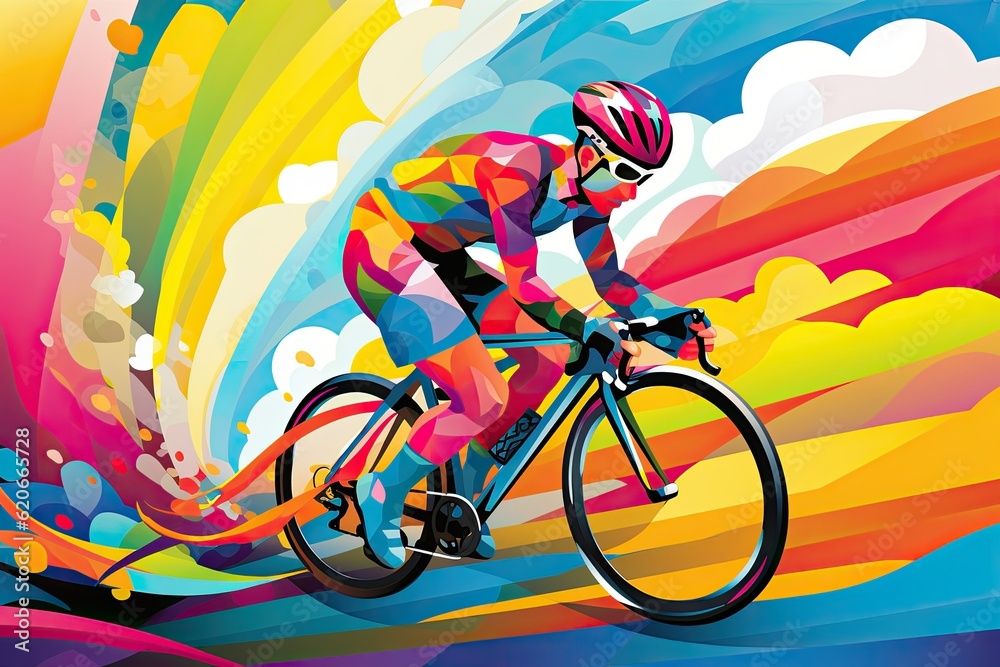 Fototapeta premium Illustration of a cyclist in motion on a bright multicolored blurred background.