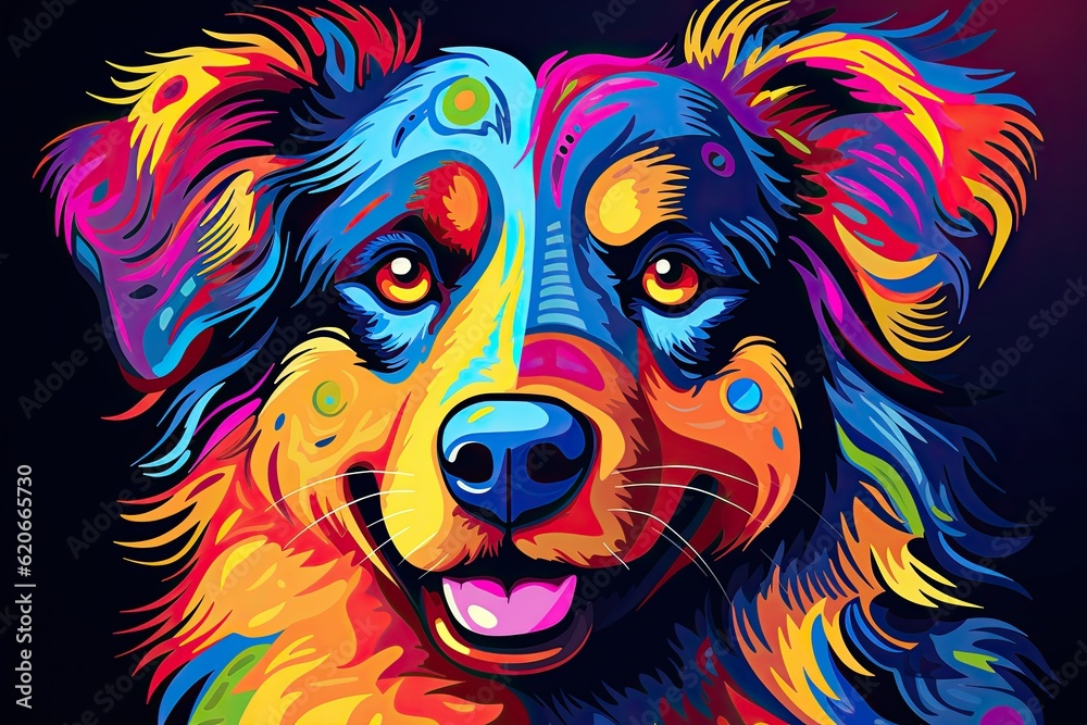 Abstract bright multicolored portrait of a cute dog on a black background.