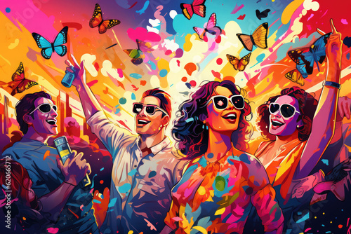 Bright colorful summer party with dancing people and butterflies in the open air.