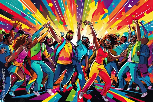 Illustration of a bright multicolored big party in a nightclub with dancing people. photo