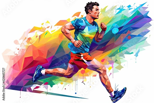 Bright multi-colored illustration of an athletic running man in shorts and a t-shirt on a white background.