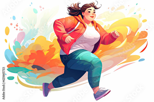 Plus size woman in sportswear running on bright colorful background illustration.