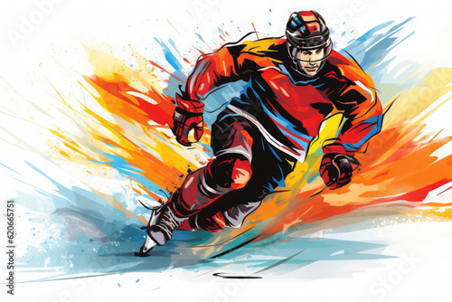 Bright multi-colored illustration of a hockey player on a white background with splashes of paint.