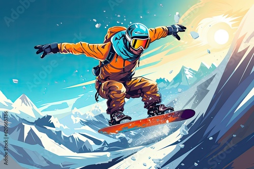 Illustration of a snowboarder in flight on snowy mountains at sunset background.