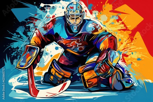 Bright multicolored illustration of a hockey goalkeeper with a stick.