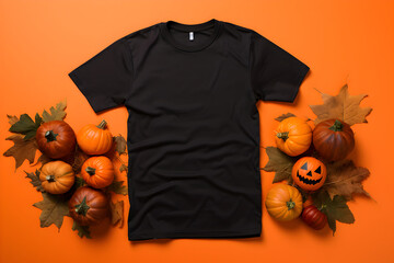 Black womens t-shirt halloween mockup with pumpkins and leaves on orange background. Design t shirt template, print presentation mock up. Top view flat lay. Generated AI.