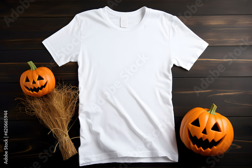 Canvas Print White womens t-shirt halloween mockup with pumpkins and leaves on dark background