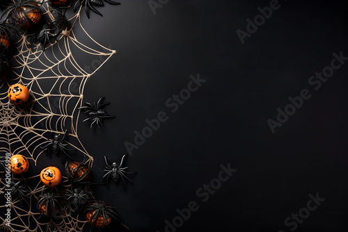 Fotografie, Obraz Happy halloween flat lay mockup with spiders, decoration and spider web on black background