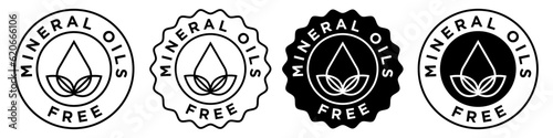 mineral oils free icon. No minerals in cosmetic or food ingredient vector set collection. Leaf with water drop sign emblem . Stamp style round seal of no oil cream packaging illustration.
