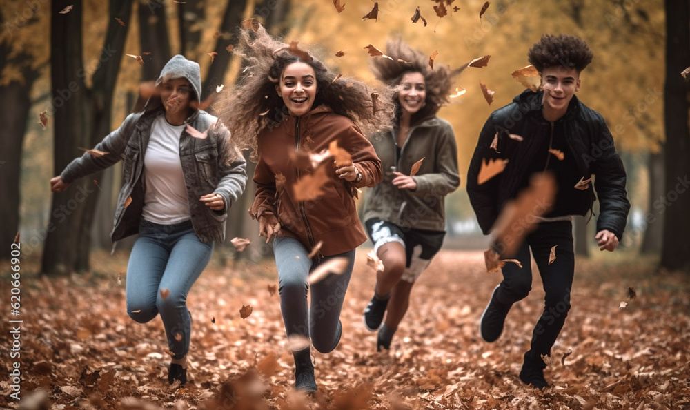 springende lachende Freunde im Park genießen den Herbst, generative AI - obrazy, fototapety, plakaty 