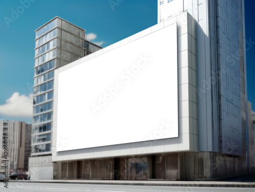 Perspective view of blank white billboard on building wall at daytime, mockup. Generative AI