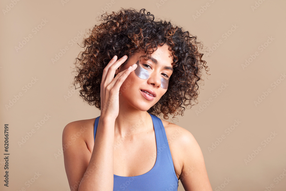 Young gentle female touching eye patch Young gentle female touching eye patch