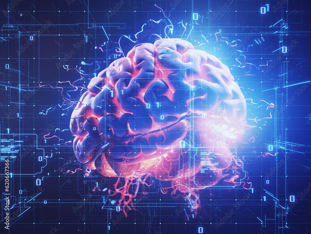 Human brain 3d model on cyberspace background, AI concept. Generative AI Human brain 3d model on cyberspace background, AI concept. Generative AI