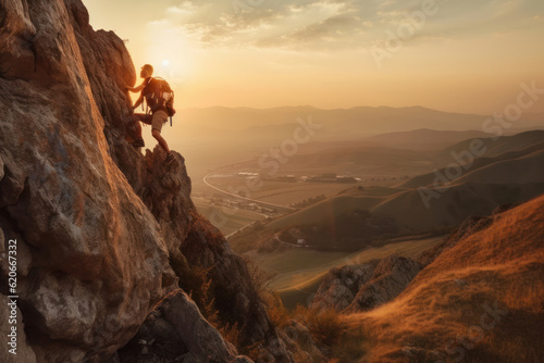 Man climbing a rocky mountain with perseverance, showing the risk and thrill of outdoor adventure. AI Generative.