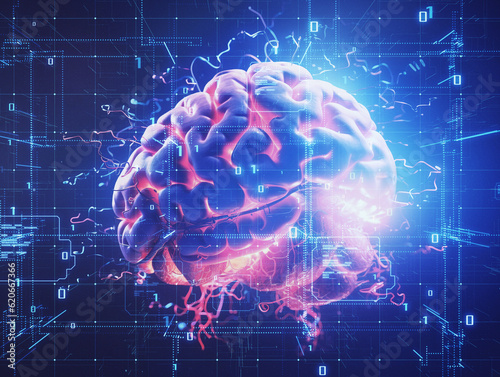 Human brain 3d model on cyberspace background, AI concept. Generative AI