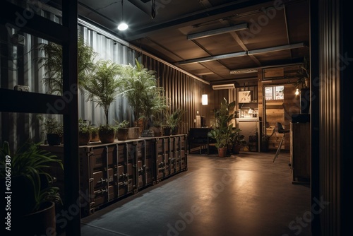 Sustainable container transformed into office  restaurant or house with great lighting. Generative AI