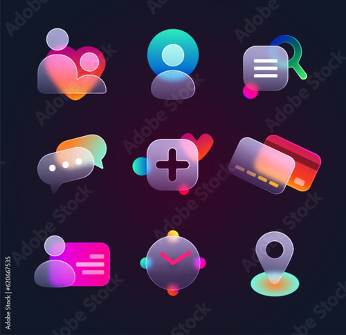 Realistic set of glassmorphism ui icons for website or mobile app. Vector location, chat, contact, social media, credit card and clock glass morphism transparent design elements on black background.